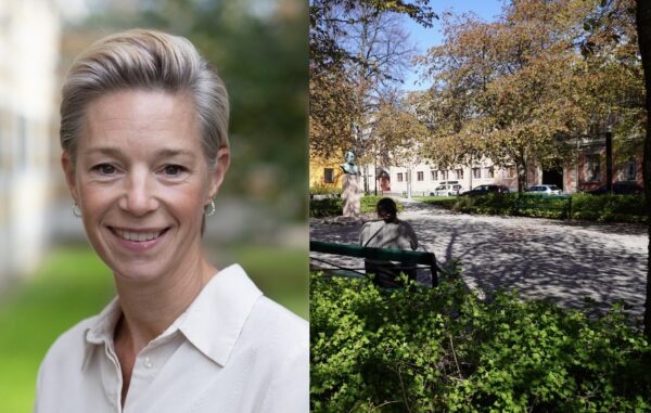 Bild på Anna Benrick i kollage med en bild i en park med en kvinna på en parkbänk som sitter bortvänd.