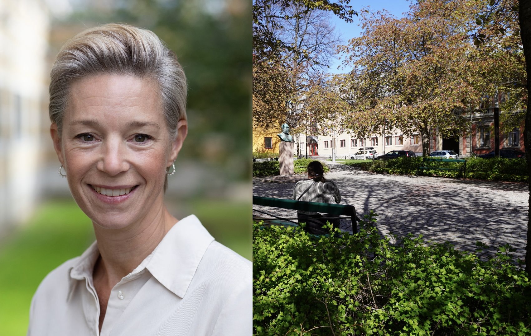 Bild på Anna Benrick i kollage med en bild i en park med en kvinna på en parkbänk som sitter bortvänd.